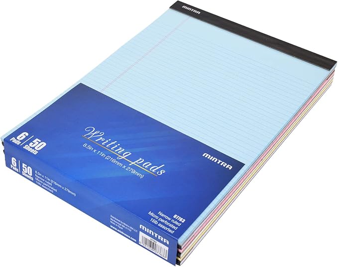 Mintra Office Legal Pads, ((Basic 6pk - (Pastel Version #2), 8.5in x 11in, Narrow Ruled))