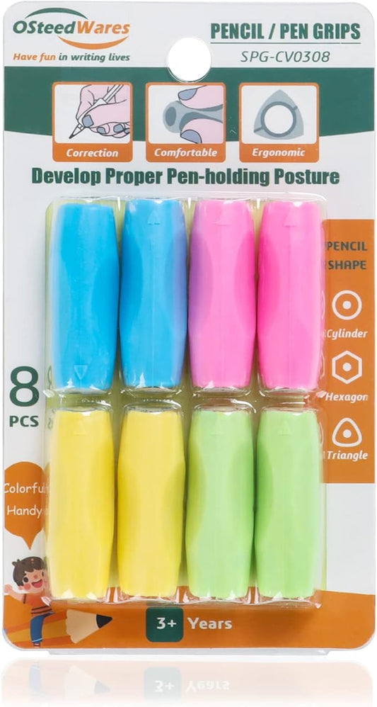 Ergonomic Pencil Grips Silicone 8 Pcs for Kids and Adults Handwriting, Gel Pen Grips with 3 Concaves, 1 Pack 4 Colors