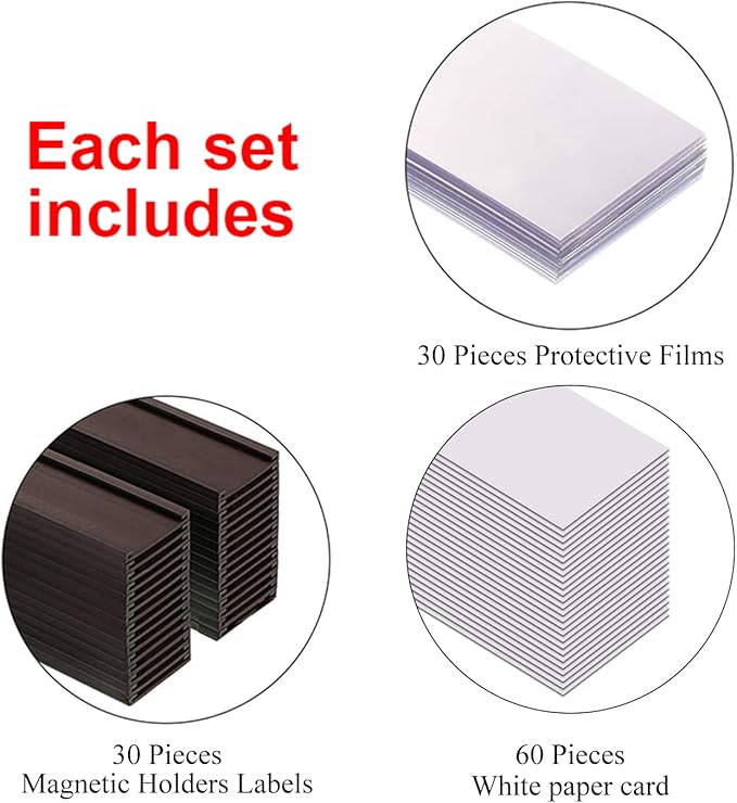 C Channel Magentic Label Holders 2x5.5 Inches with Paper Inserts and Clear Plastic Protectors,Magnetic Data Card Holders File Cabinet Labels,Pack of 30