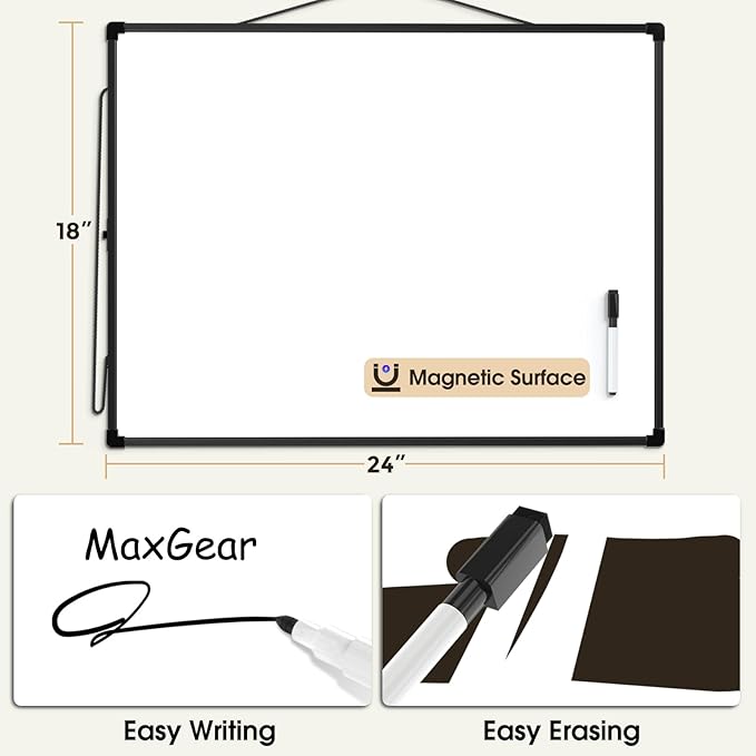 MaxGear White Board for Wall 24" x 18", Double Sided Dry Erase Board, Magnetic White Board Hanging Whiteboard for Home, School, Office, Black Frame