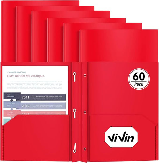 Heavy Duty Plastic Folder, 60 Pack, Pocket Folder with brads, Letter Size Poly File, Plastic Folders with 3 Prongs Fasteners - Red