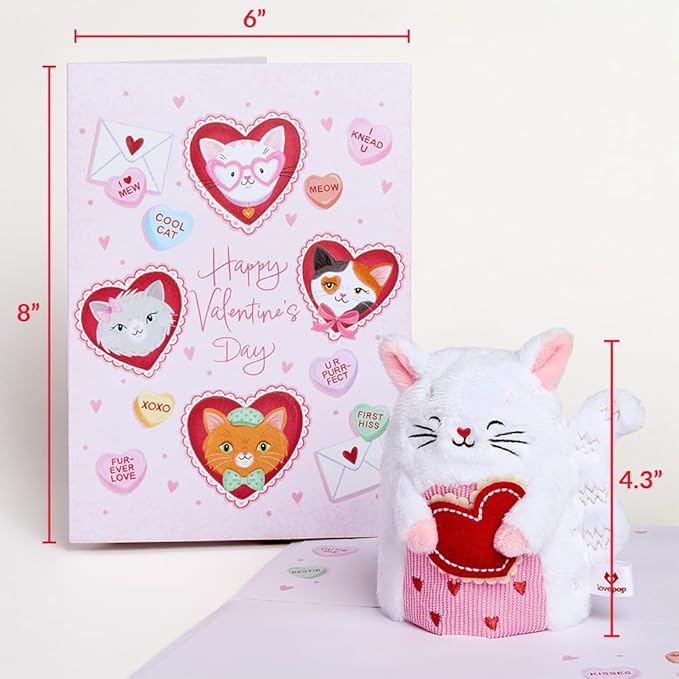 Lovepop Plushpop Soft Animal Pop-Up Card for Her and Him - 3D Happy Valentine Greeting Card for Boys, Girls, Men, Women - Love Cat - 6" x 8" Card