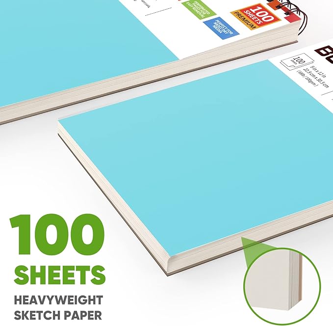 Soucolor 9" x 12" Sketch Book, 1-Pack 100 Sheets Spiral Bound Art Sketchbook, Acid Free (68lb/100gsm) Artist Drawing Book Paper Painting Sketching Pad for Kids Students Adults Beginners