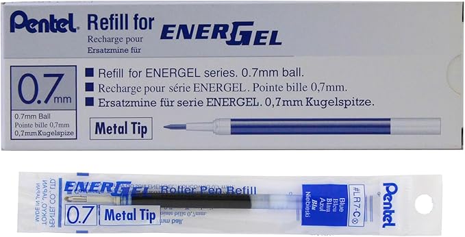 Pentel Refill Ink for BL57/BL77 EnerGel Liquid Gel Pen, 0.7mm, Metal Tip, Blue Ink, Box of 12 (LR7-C-12)