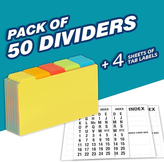 Chell 5x8 Plastic Index Card Dividers, Heavyweight Poly Index Card Guides A-Z for Flash Cards and Recipe Cards, with Alphabetical/Blank Stickers, Pack of 50