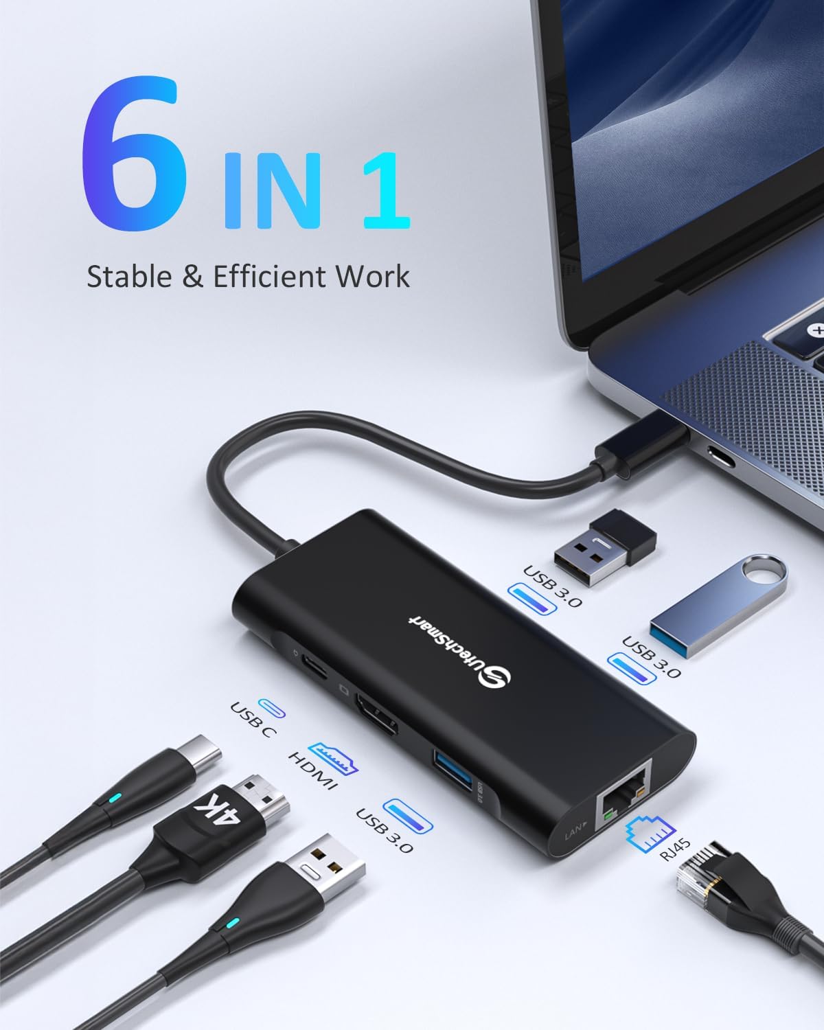 UtechSmart USB C Hub, Ethernet Multiport Adapter 6 in 1 USB C to HDMI Dock Compatible for MacBook Pro/Air, Chromebook, Dell XPS, HP and Type C Devices (Gigabit Ethernet 100W PD 4K HDMI USB 3.0) Black