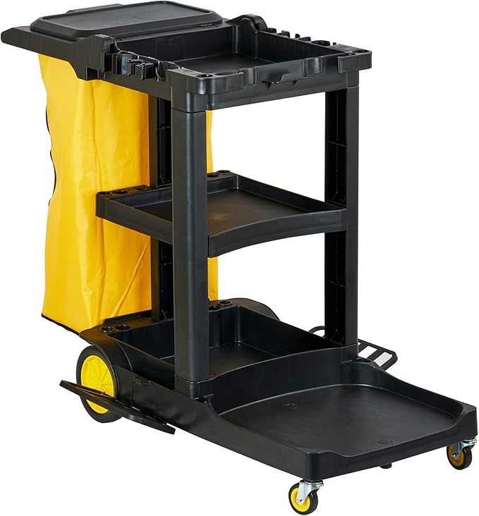 Restaurantware-Clean Tek Professional Janitor Cart with Wheels, 1 Cleaning Trolley with Cover and 21 Gallon Bag - 3 Shelves, Heavy-Duty, Gray Plastic Commercial Janitorial Cart, for Restaurants