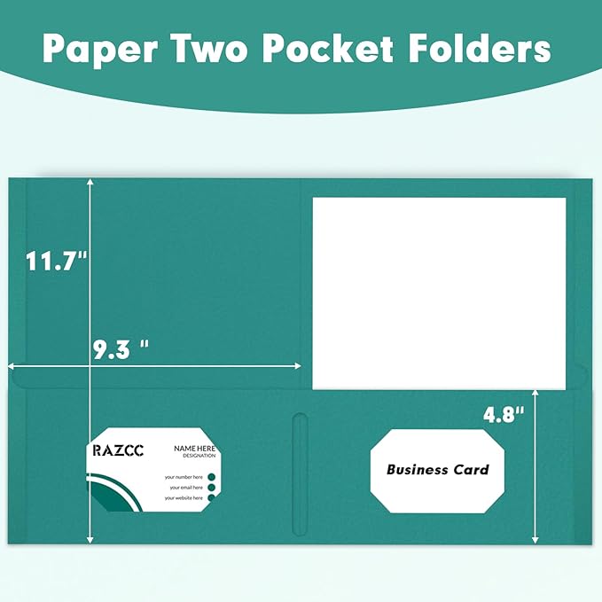 Two Pocket Folders, RAZCC 50 Pack 2 Pocket Folders Fit Letter Size Paper, Paper Folders with Pockets for School Office Business Home, Turquoise