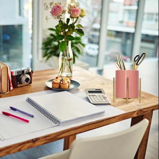 Ceramic Pen Holder Stand Cup Pencil Holder Organizer Makeup Brush Holders for Home Office Desk (Pink)