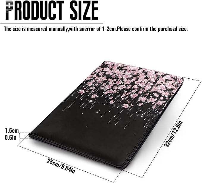 Office Folder Cherry Blossom Pink Print PU Leather Padfolio with A4 Size Clipboard Clip for Business Resume Interview Document Sleeve Binder Folder for Men/Women