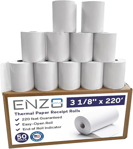 3 1/8'' x 220 Premium USA Made Thermal Rolls | BPA-Free Compatible with 60+ Printer Models, Crisp Black Images, POS Cash Register Suitable, Precisely Engineered Fit (50)