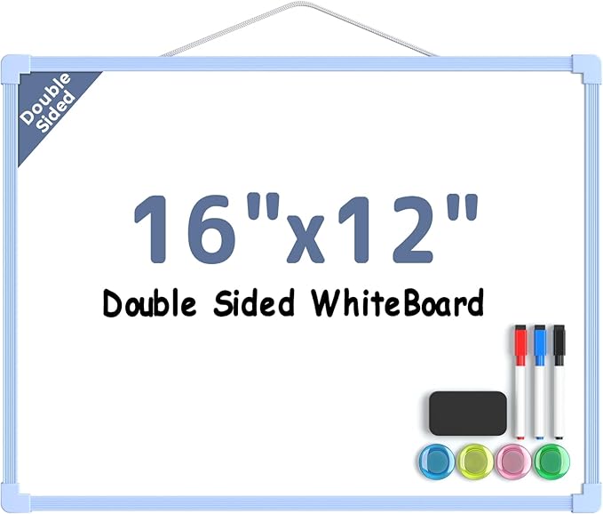 MaxGear Double-Sided Dry Erase Board for Wall, 16"x12" Hanging Whiteboard, Small Dry Erase White Board kit, Portable Whiteboard for Students - Planning, Drawing, Memo, to Do List, Blue Frame