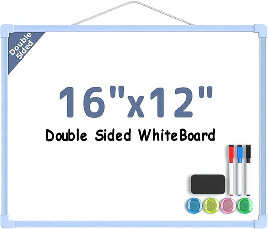MaxGear Double-Sided Dry Erase Board for Wall, 16"x12" Hanging Whiteboard, Small Dry Erase White Board kit, Portable Whiteboard for Students - Planning, Drawing, Memo, to Do List, Blue Frame