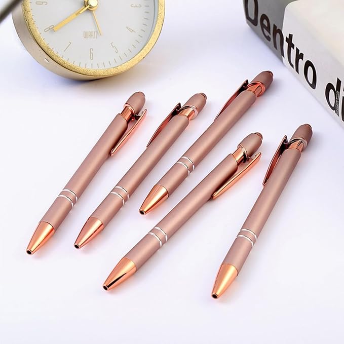 Ballpoint Pens with Stylus Tips，12 Pcs Rose Gold Retractable Metal Stylus Pen for Touch Screens, 1.0 mm Black Ink
