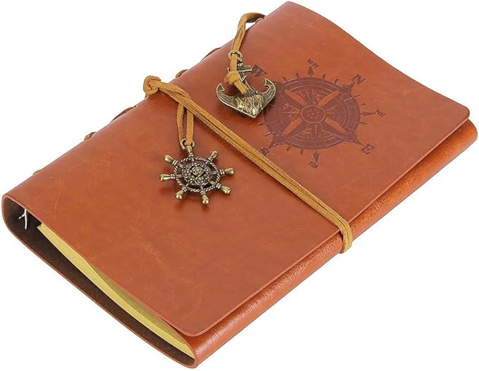 EvZ Leather Writing Journal Notebook, 7 Inches Vintage Nautical Spiral Blank String Diary Notepad Sketchbook Travel to Write in, Unlined Paper, Retro Pendants, Classic Embossed, Brown