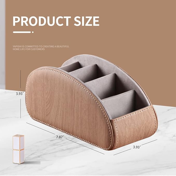 All-in-One Leather TV Remote Control Holder with 5 Compartments Nightstand Desktop Air Conditioner Media Player Remote Caddy Storage Box Organizer Tray For Makeup Brush Pen Stationary Table Controller