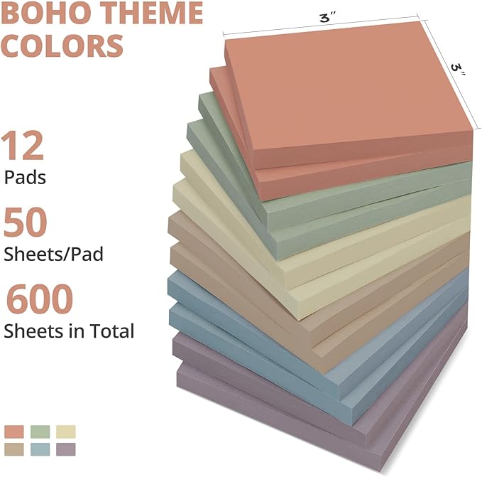 Sticky Notes, 12 Pads, 3x3 inches Aesthetic Sticky Note Pads, Neutral Boho Self-Stick Note Pads, Perfect for Office Home School Desk Accessories, 50 Sheets/pad - Vintage Colors