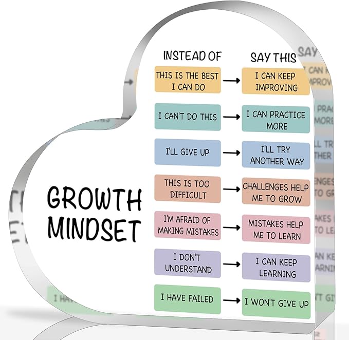 Growth Mindset Decor, Therapy Office Mental Health Classroom Art Educational Change Your Mindset Decorations Acrylic Heart Inspirational Gift Positive Sayings Inspirational Gifts for Teacher Students