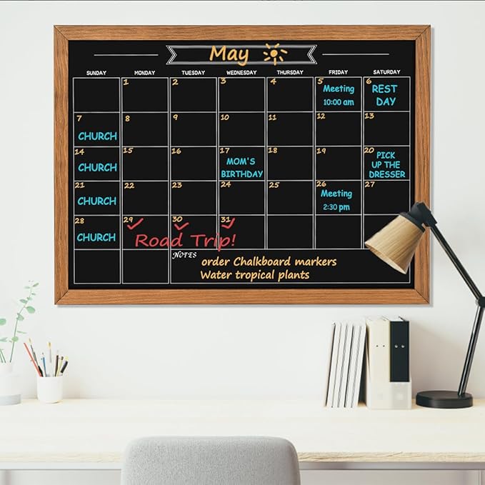 Calendar Chalkboard, 23.6" * 31.5", Magnetic Surface Rustic Brown Solid Pine Wood Frame Chalk Board for Planning/School Timetable/Memo, Hanging Board for Office, School and Home(YLHB-QZ-6080)