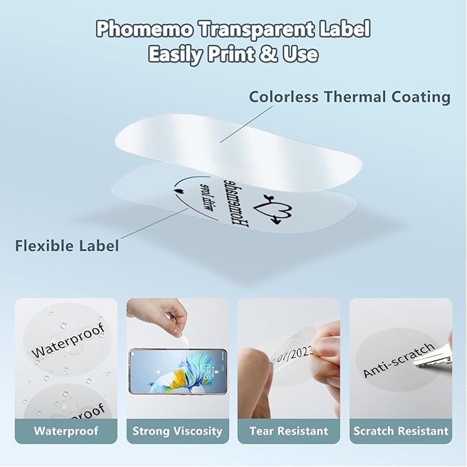 Phomemo Transparent Thermal Label, Round Label for Phomemo M110/M220/M120/M200/M221/M150/M250 Label Printer, Self-Adhesive Thermal Printer Paper, 1.57"x1.57"(40x40mm) 180 Labels/Roll, Clear