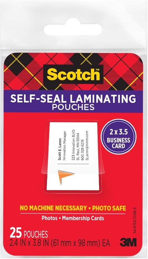 Scotch Self-Sealing Laminating Pouches, 25 Pack, Business Card Size, Great for Gift Tags