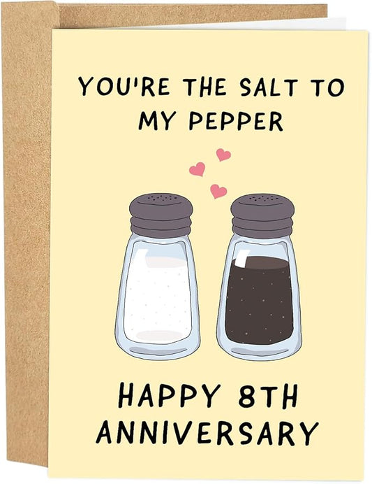 Funny 8 Years Anniversary Card for Husband Wife, Happy 8th Anniversary Card for Him Her, Hilarious Bronze Wedding Anniversary Card, You're the Salt to My Pepper