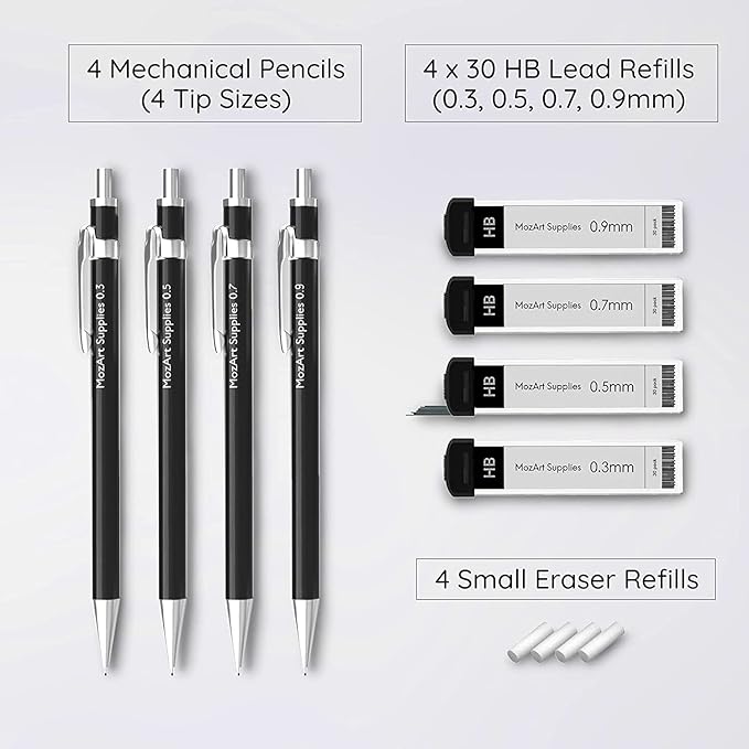 MozArt Mechanical Pencil Set with Case - 4 Sizes: 0.3, 0.5, 0.7 & 0.9mm with 30 HB Lead Refills Each & 4 Eraser Refills -Sketch, Drafting, Art, Drawing Supplies (Black)