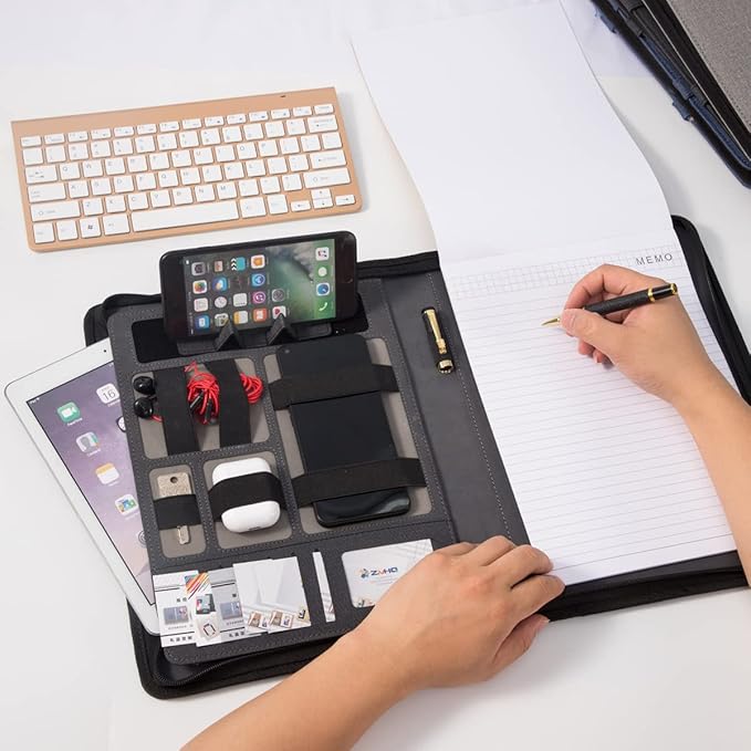 Padfolio Portfolio with Zipper and Clipboard - Leather Business Portfolio Organizer – Zippered Portfolio Padfolio for Women & Men (Non Battery, Black)