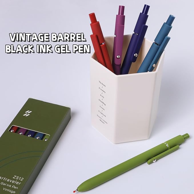 UIXJODO Gel Pens, 5 Pcs 0.5mm Black Ink Pens Fine Point Smooth Writing Pens with Silicone Grip, High-End Series Metal Clip Retractable Pens for Journaling Note Taking (Vintage)