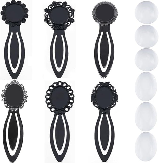 SUNNYCLUE 1 Box 12Pcs DIY 6 Sets Cabochon Bookmark Retro Style Black Metal Bookmarks Blanks Glass Dome Vintage Bookmark Bezel Tray Book Marks Clip Round Oval Clear Cabochons for Bookworm DIY Crafts
