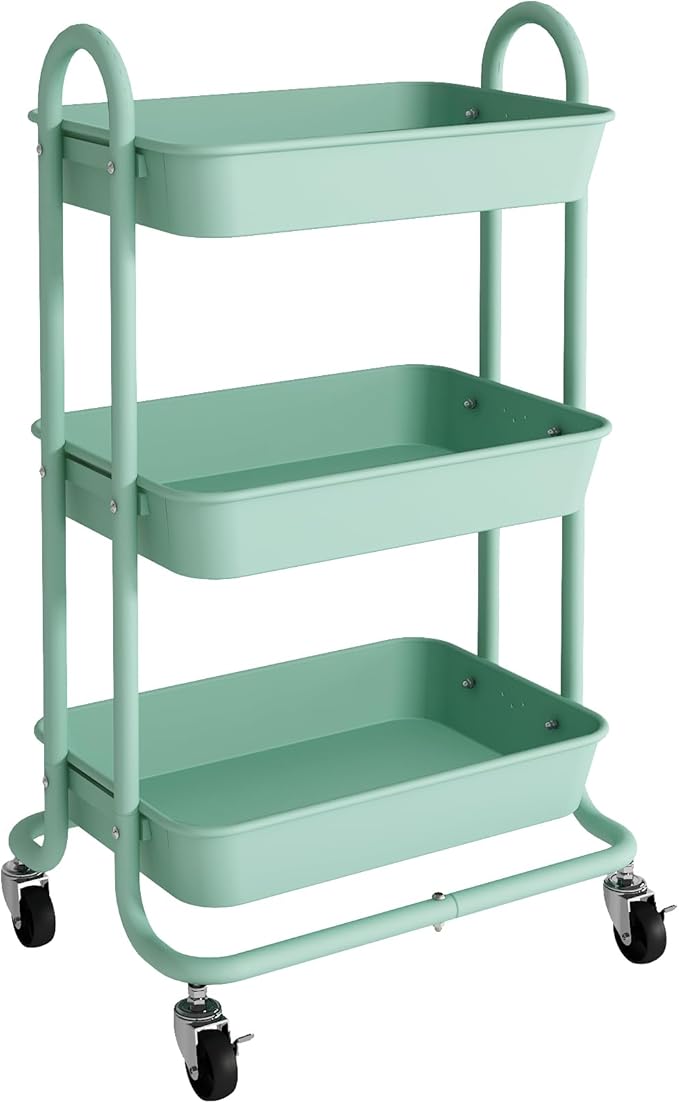 3-Tier Green Utility Rolling Cart,Kitchen Storage Carts with Wheels,Green Metal Rolling Cart for Office,Home,Kitchen,Garden（18"x11.4"x31.2"）