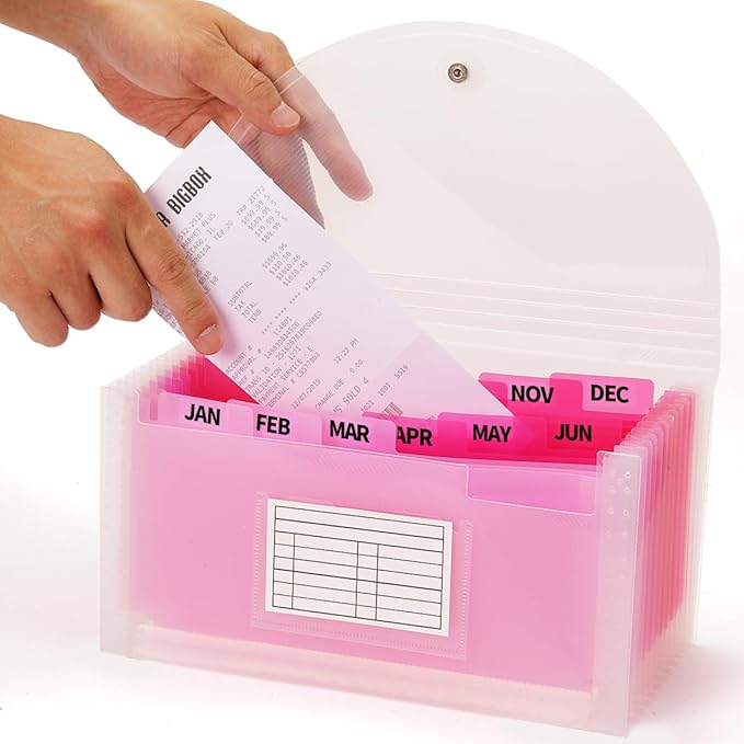 H4D Check Size 13 Pocket Expanding File Folder, Accordion File Organizer Wallet Case for Coupon Receipt Storage, 10 x 5.5 inches, Pink
