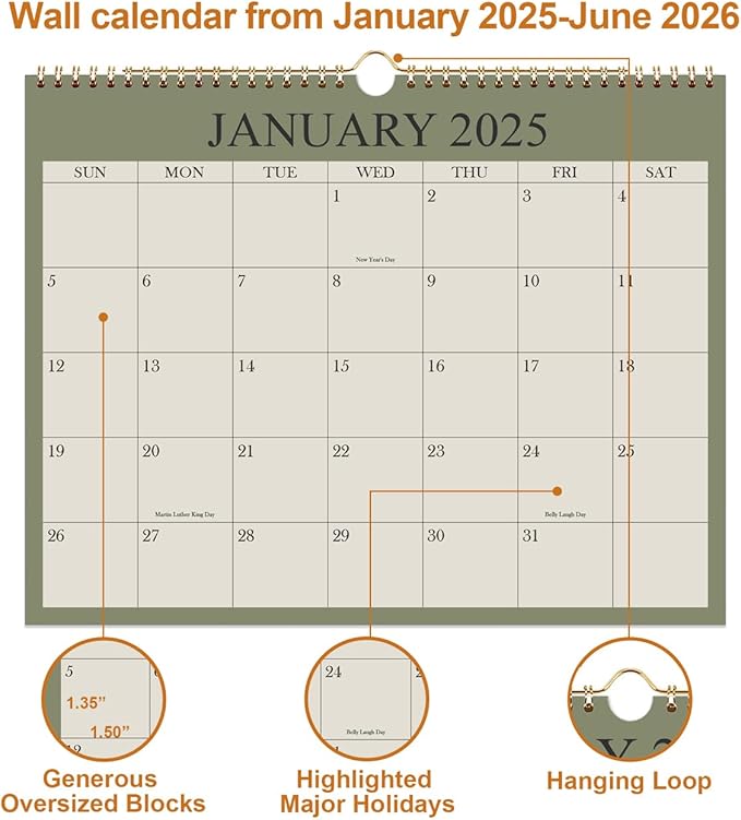 Calendar 2025, Wall Calendar 2025-2026 from January 2025 - June 2026, 18 Months Calendar with Premium Paper, Twin-Wire Binding & Hanging Hook, 8.5" x 11", Green