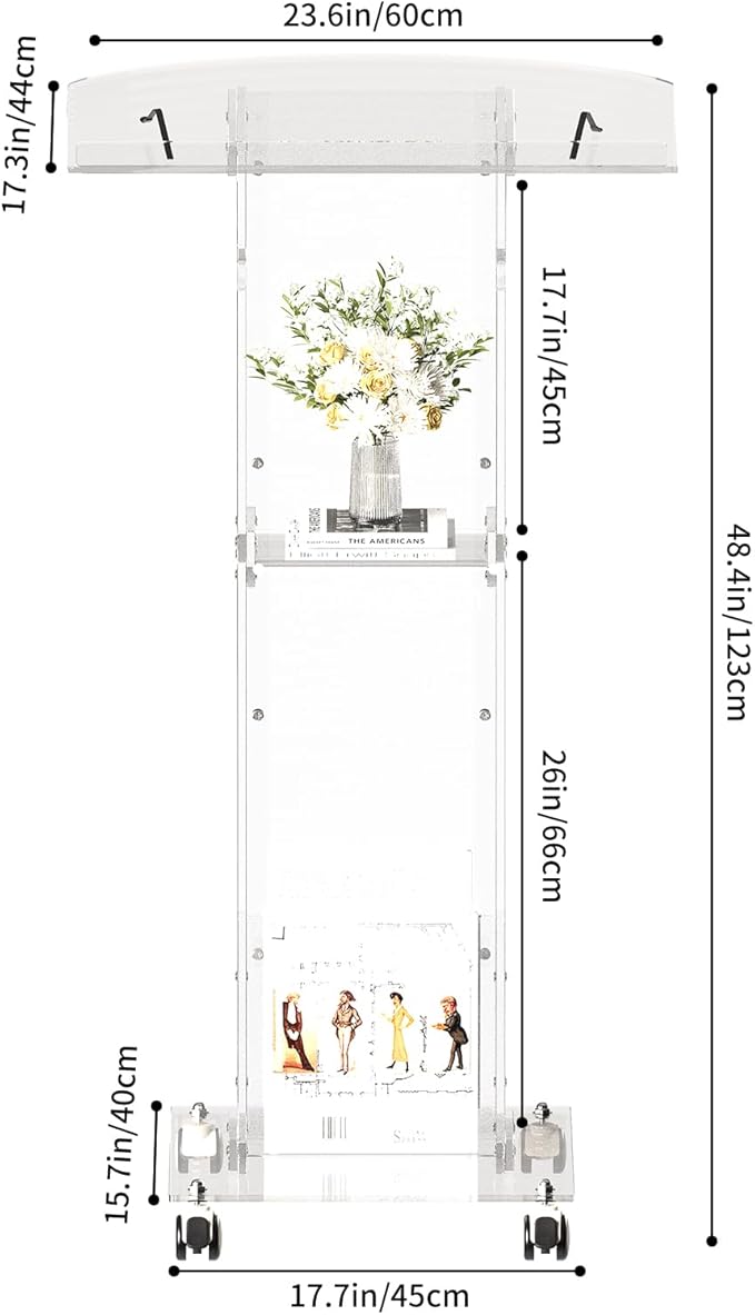Acrylic Podium Stand，49“ Tall Portable Podium with Lockable Wheels, Clear lecterns & Podium with Storage Shelf for Classroom, Pulpit Podium for Church,Wedding,Presentation