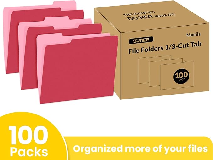 SUNEE File Folders Letter Size Red, 100 Pack Manilla Folders 8.5 x 11 1/3-Cut Tabs, Colored File Folders Office Home School for Documents Files Paper
