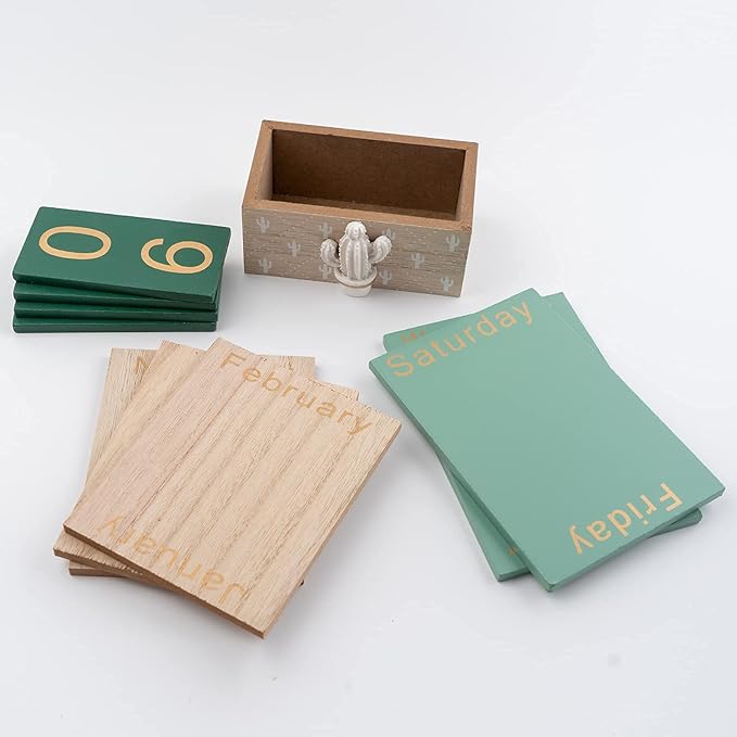 Notakia Perpetual Calendar, Wooden Calendar for Home Office Desk Accessories Vintage Wood Block Calendar(Green)