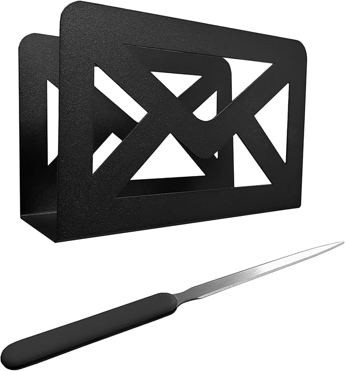 Black Metal Mail Holder, Countertop Letter Organizer with Letter Opener, Office Desktop Envelope Rack, Tabletop Document Stand (Sign)