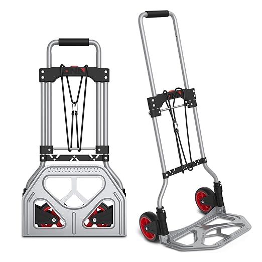 DNA MOTORING Folding Hand Truck, 176lbs Capacity Foldable Dolly Cart for Moving Heavy Loads, Collapsible Hand Truck, w/Telescopic Handle, Bungee Cord, Red, TOOLS-00744