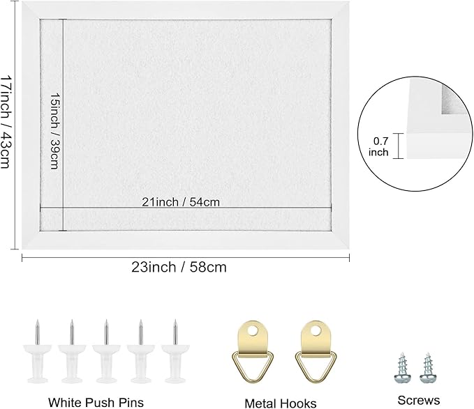 TORASO Cork Board Bulletin Board, Cork Boards for Walls with Pins, Eye Bolts, gaskets, Screws, Pin Board for Office, School and Home (White, 17“x23-2P)