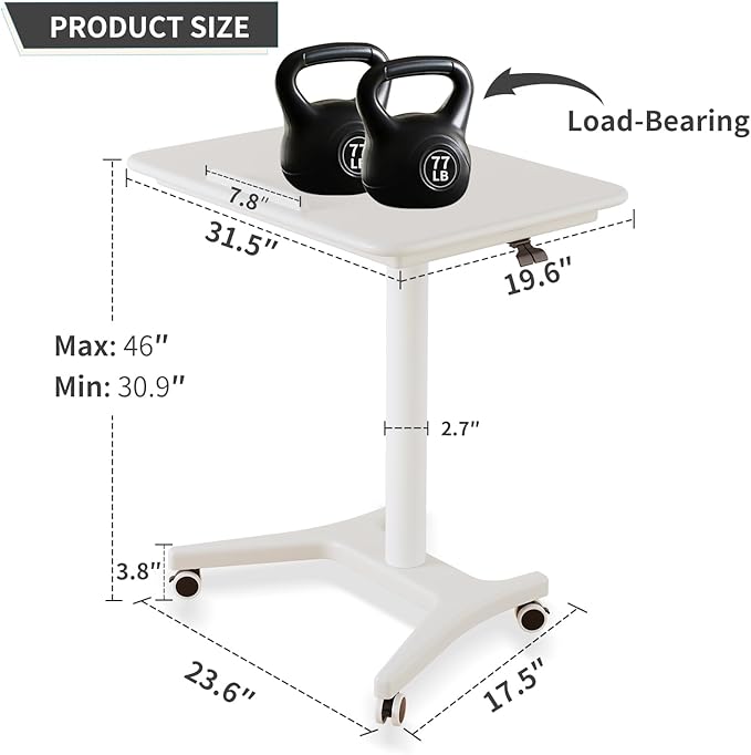 Rolling Standing Desk,Portable Standing Desk with Wheels Adjustable Height Desk Mobile Standing Desk for Home Office, Bedroom,Couch（White）