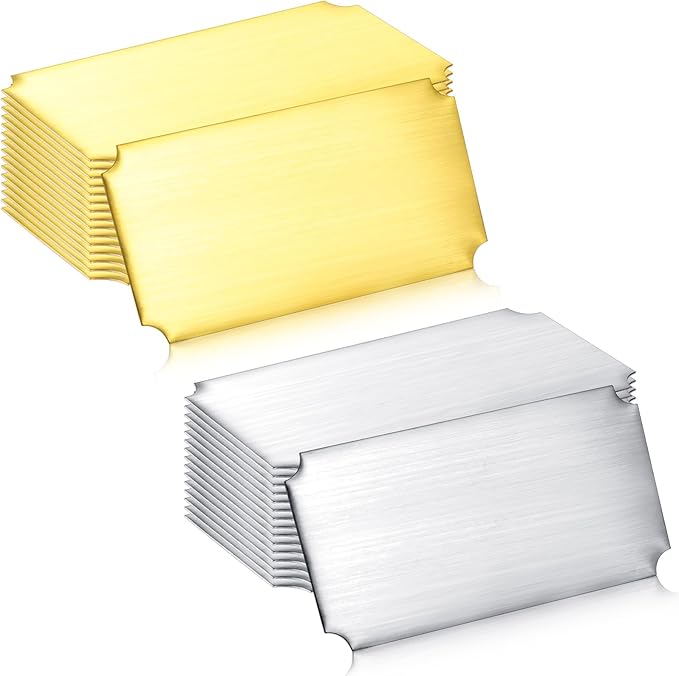 Therwen 30 Pcs Name Plates Laser Engraved Brushed Stainless Steel Plate Personalized Plaque Blank Custom Name Tag Frame Label with Adhesive Backing(Silver and Gold Notched Corner,4''x 2'')