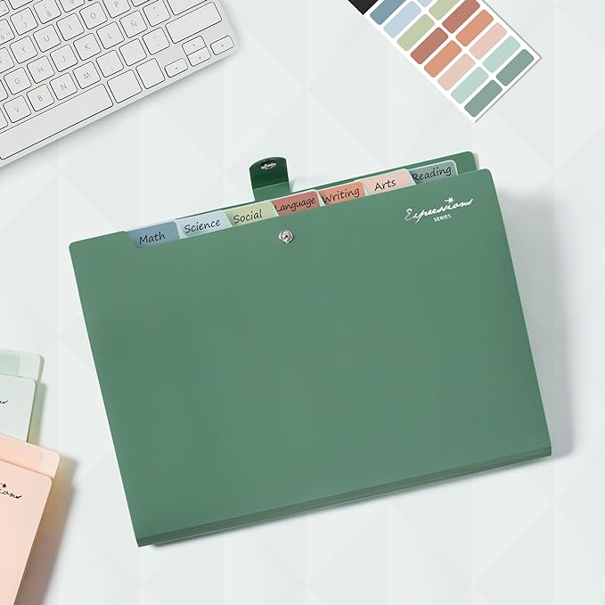 Sooez Elegant Accordion File Organizer with Labels, 8 Pocket Expanding File Folder, Portable Folders for Documents, Cute Paper Organizer for School Office Supplies, Letter Size, Light Green