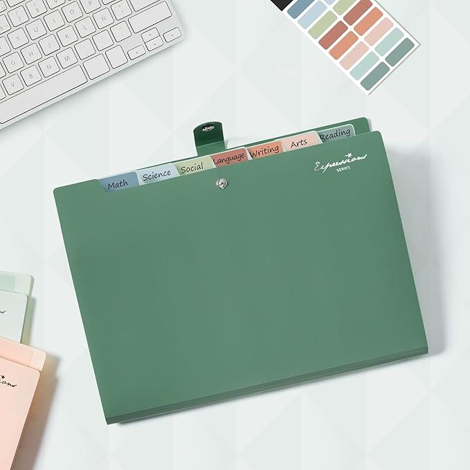 Sooez Elegant Accordion File Organizer with Labels, 8 Pocket Expanding File Folder, Portable Folders for Documents, Cute Paper Organizer for School Office Supplies, Letter Size, Dark Green