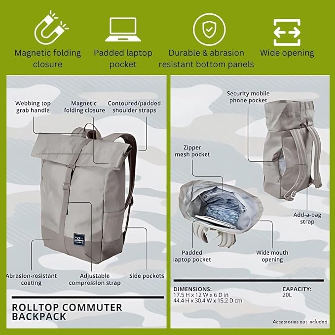 Skyway Luggage Rainier Rolltop Commuter Casual Daypack for Work or Hiking, Eco-Friendly, Made of 100% rPET Travel Laptop Bag for Women & Men, 20L, Zion Gray