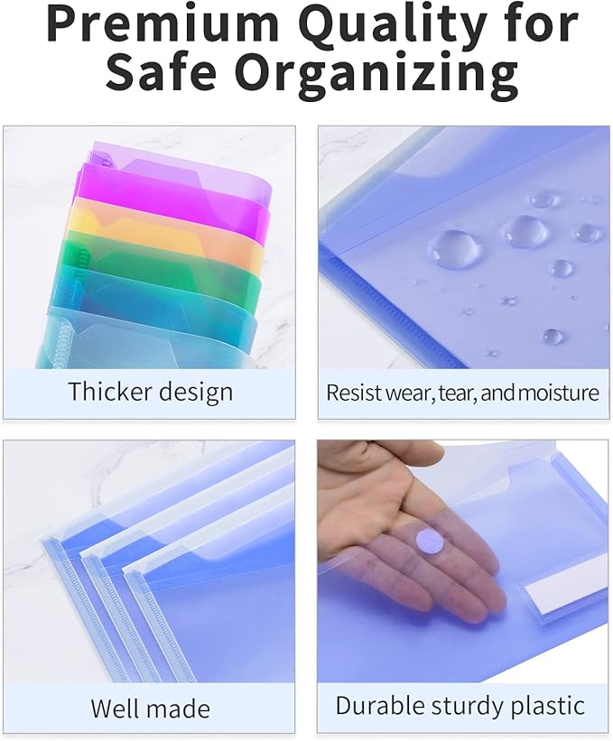 Sooez Small Plastic Envelopes, 12 Pack Plastic Pouch with Label Pocket, Pencil Pouch, Reusable Envelopes,Pencil Case Bulk, Money Envelopes, 9.4 x 4.7 Inches