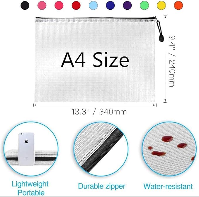 Mesh Zipper Pouch Document Bag, Plastic Zip File Folders, Letter Size Waterproof Document Pouch for Office Supplies, Arts & Crafts Organizing Storage (10 Colors 30 Pack)