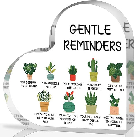 Gentle Reminders Positive Affirmations Decor - Desktop Art for Home & Therapy Office, Mental Health Awareness Gifts, Heart Acrylic Sign