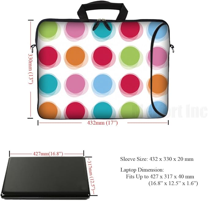 Meffort Inc 17 Inch Neoprene Laptop Bag with Extra Side Pocket, Soft Carrying Handle & Removable Shoulder Strap (Polka Dots)