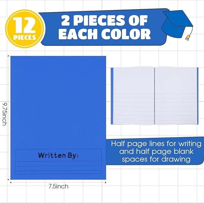 Henoyso 12 Pcs Primary Composition Notebook K-2 9 3/4 x 7 1/2 Inch Primary Journal Blank Writing Book for Kid to Write Draw and Journal 60 Page Notebook Back to School Supplies (Royal Blue)
