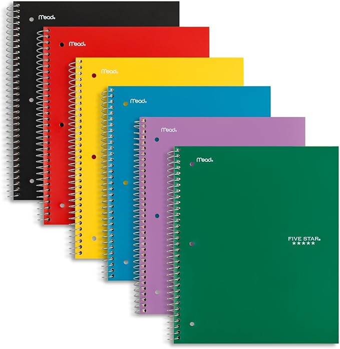 Five Star Spiral Notebook, 5 Subject, Wide Ruled Paper, Fights Ink Bleed, Water Resistant Cover, 8" x 10-1/2", 200 Sheets, Color Will Vary (05206) (Pack of 2)